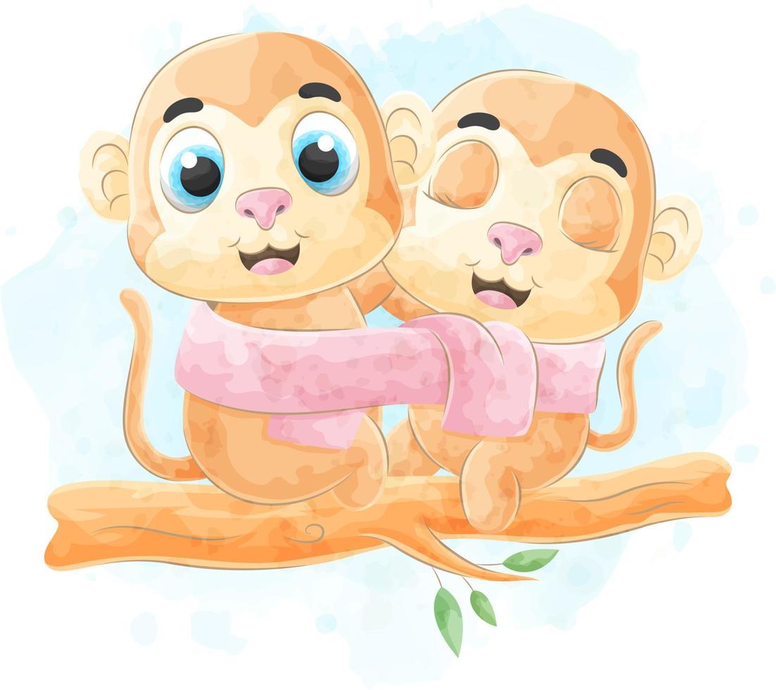 Cute little Monkey with watercolor illustration vector