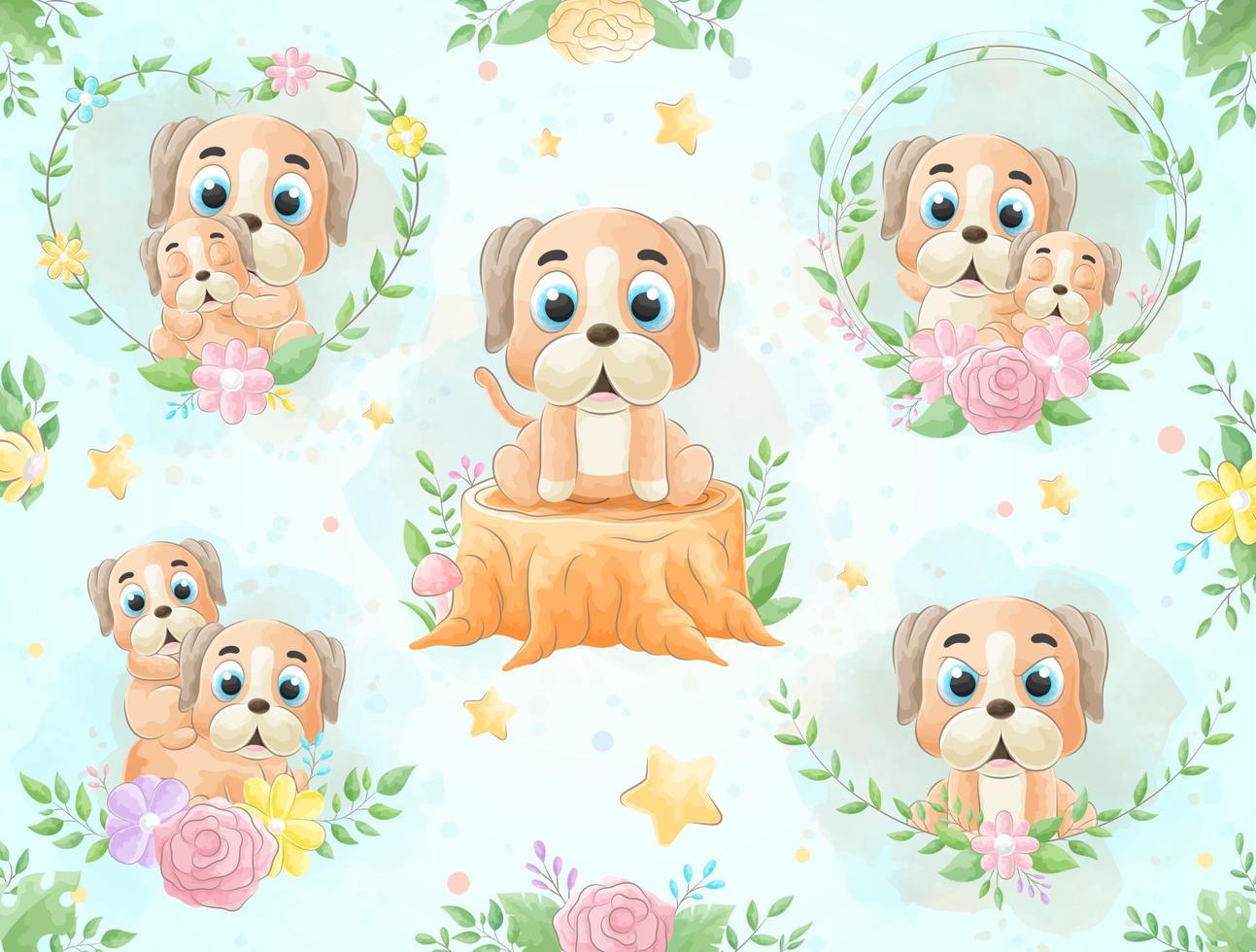 Cute little Dog with watercolor illustration set vector