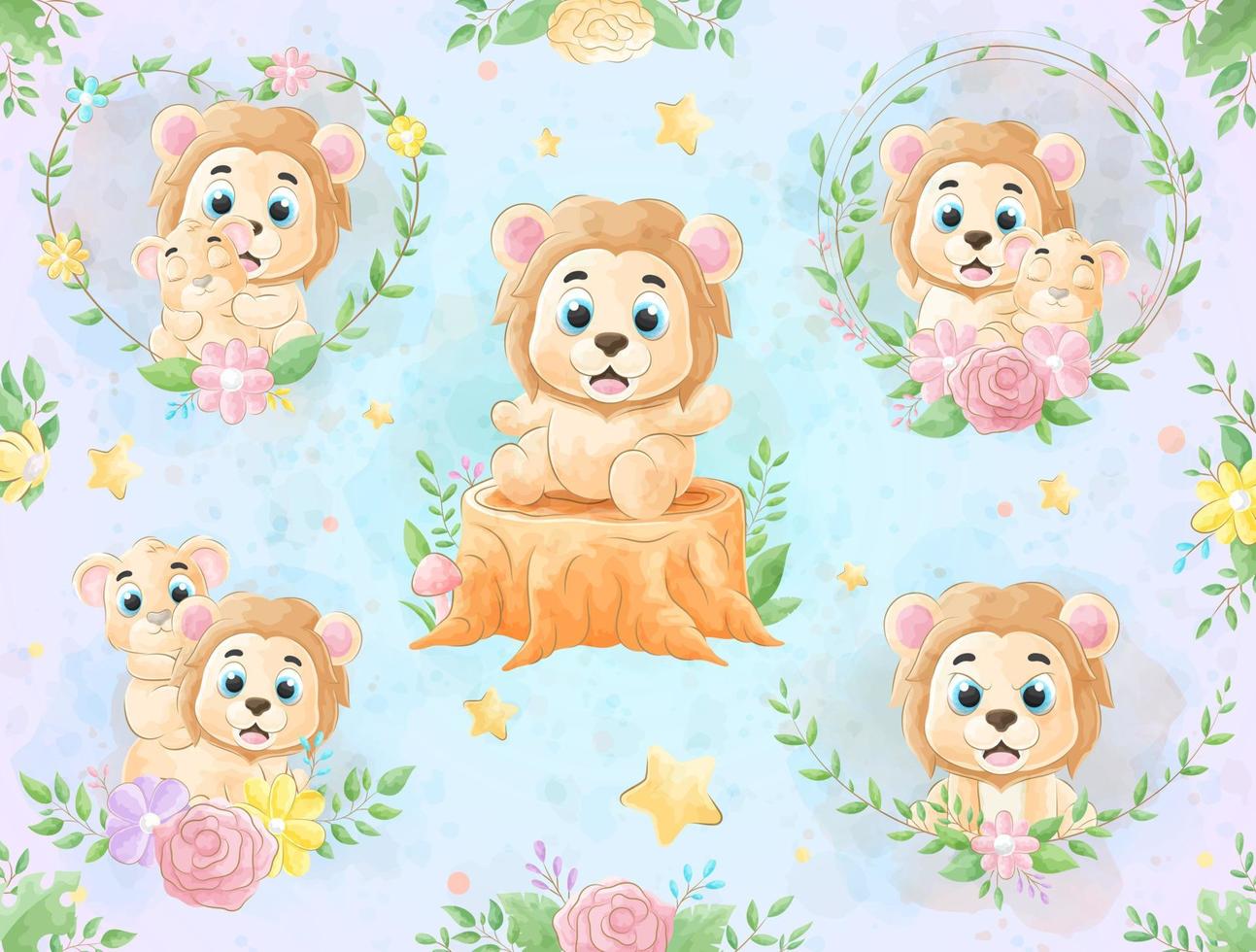 Cute little Lion with watercolor illustration set vector