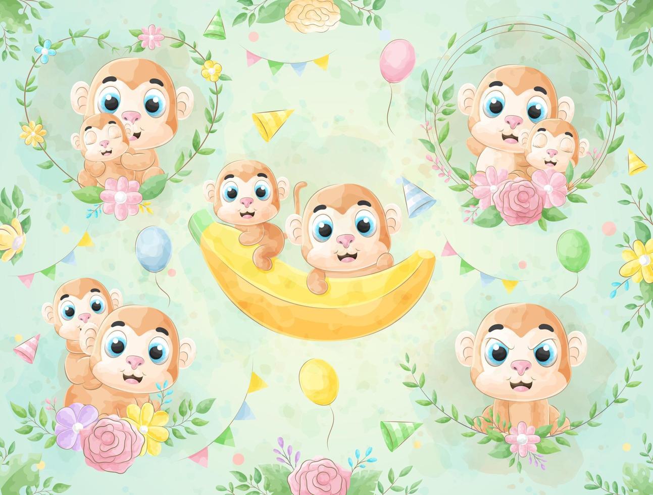 Cute little Monkey with watercolor illustration set vector