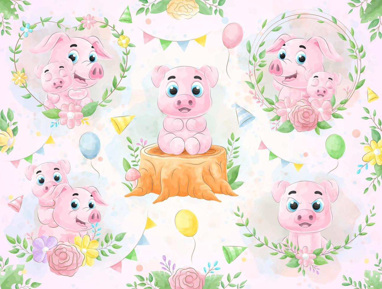 Cute little Pig with watercolor illustration set vector