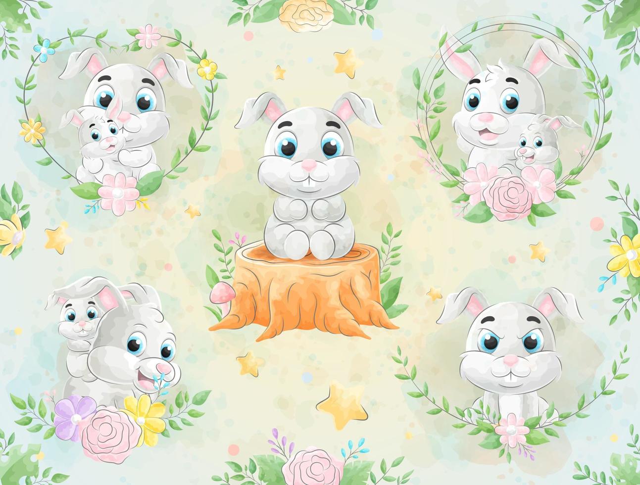 Cute little Rabbit with watercolor illustration set vector