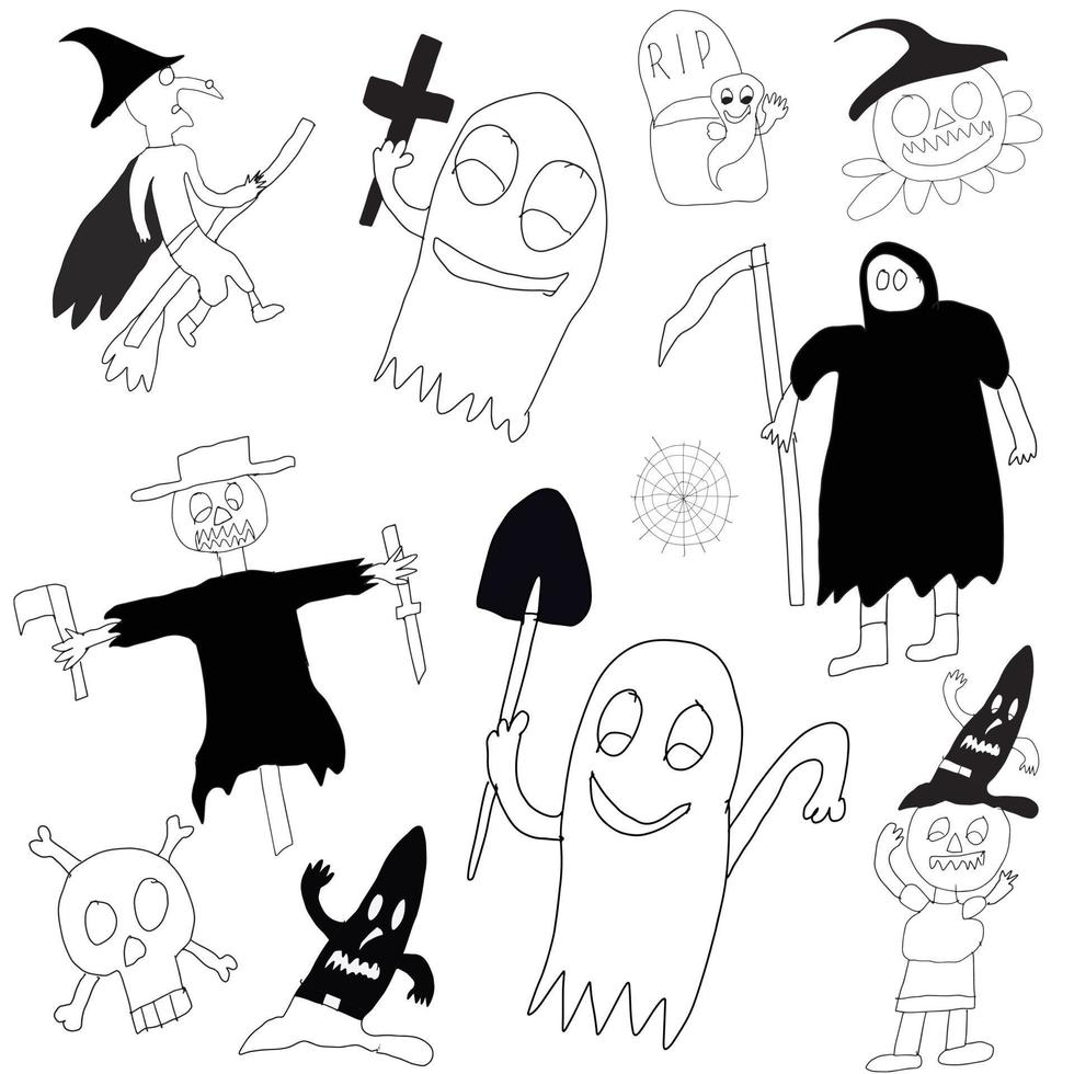 ilustraciones de clipart para halloween, conjunto de ilustraciones místicas de garabatos vector