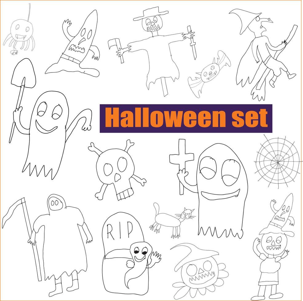 conjunto de ilustraciones para halloween, imágenes prediseñadas de ilustraciones místicas de garabatos vector