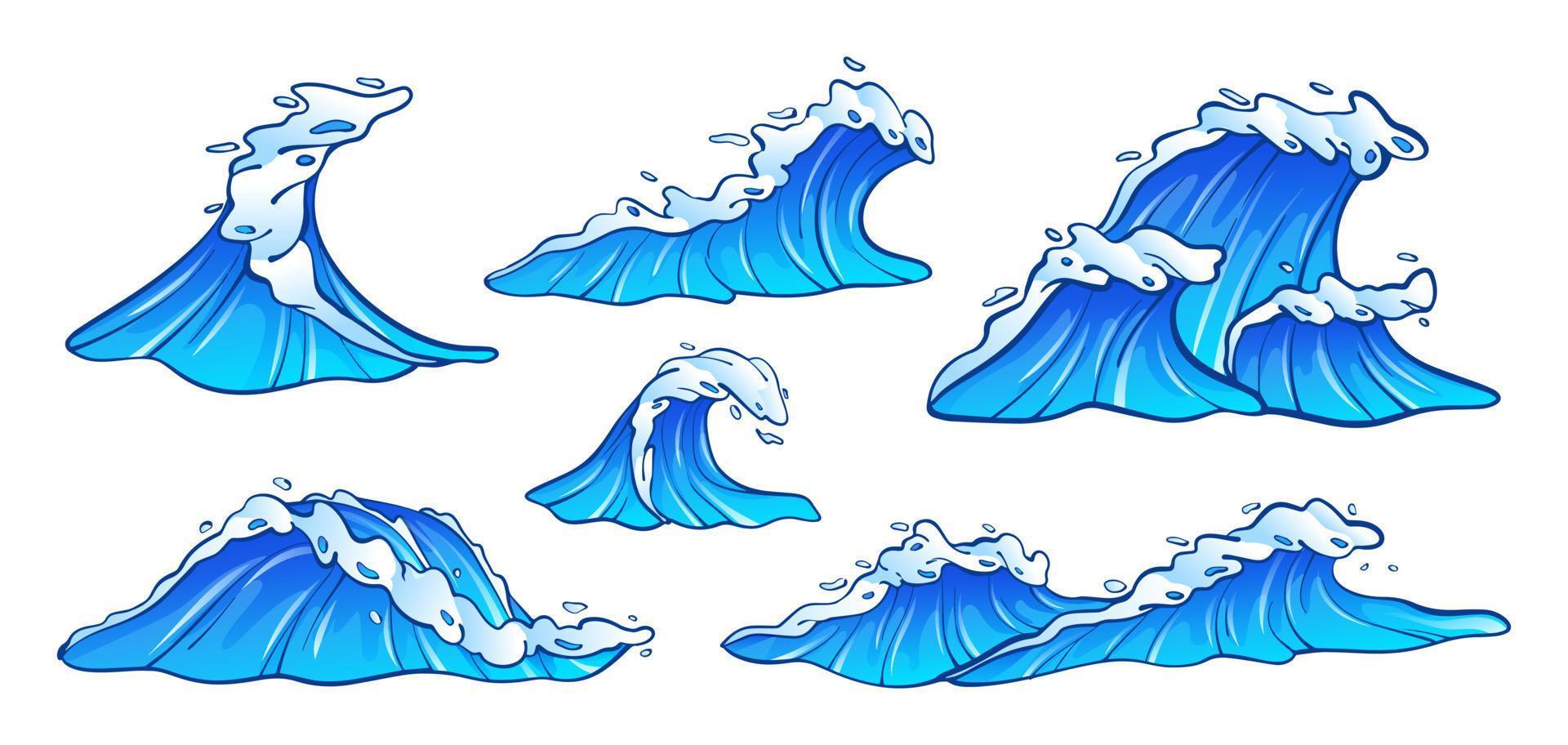 Sea waves vector illustration collection. Set of blue ocean waves with white foam in cartoon style