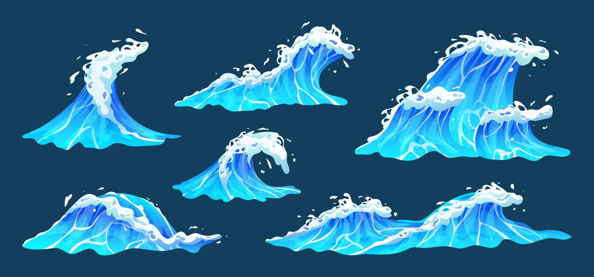 Sea waves vector illustration set. Collection of blue ocean waves with white foam in cartoon style