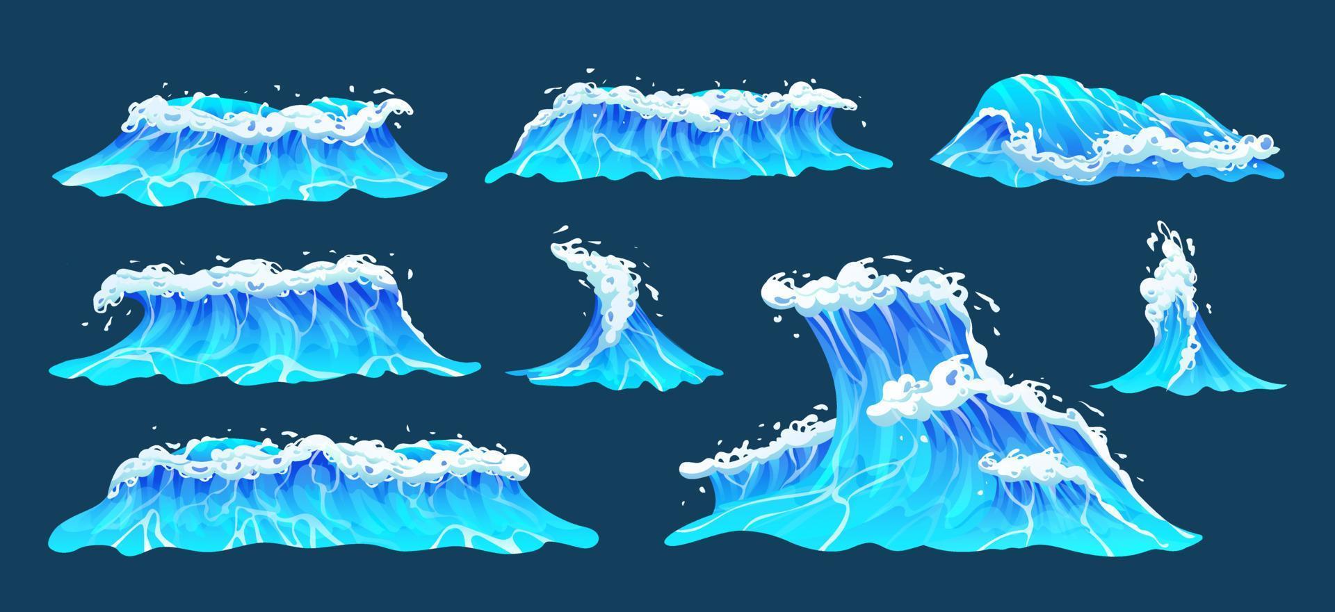 colección de dibujos animados de olas del océano. conjunto de olas de mar azul con ilustración de vector de espuma blanca