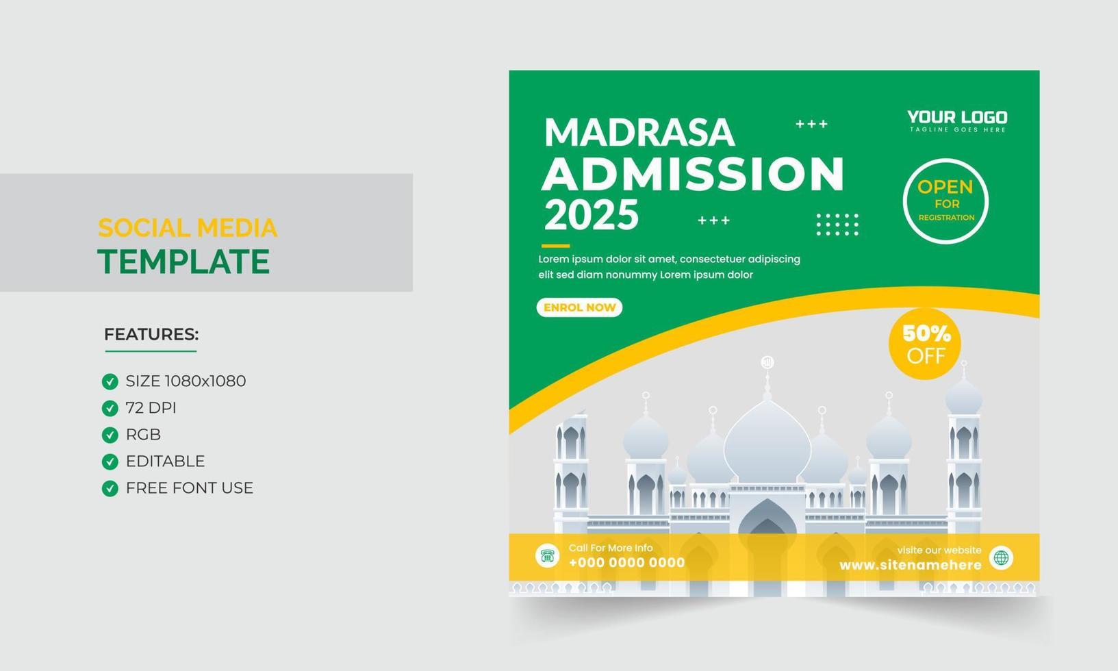 Social media post template design for Madrasa Admission vector