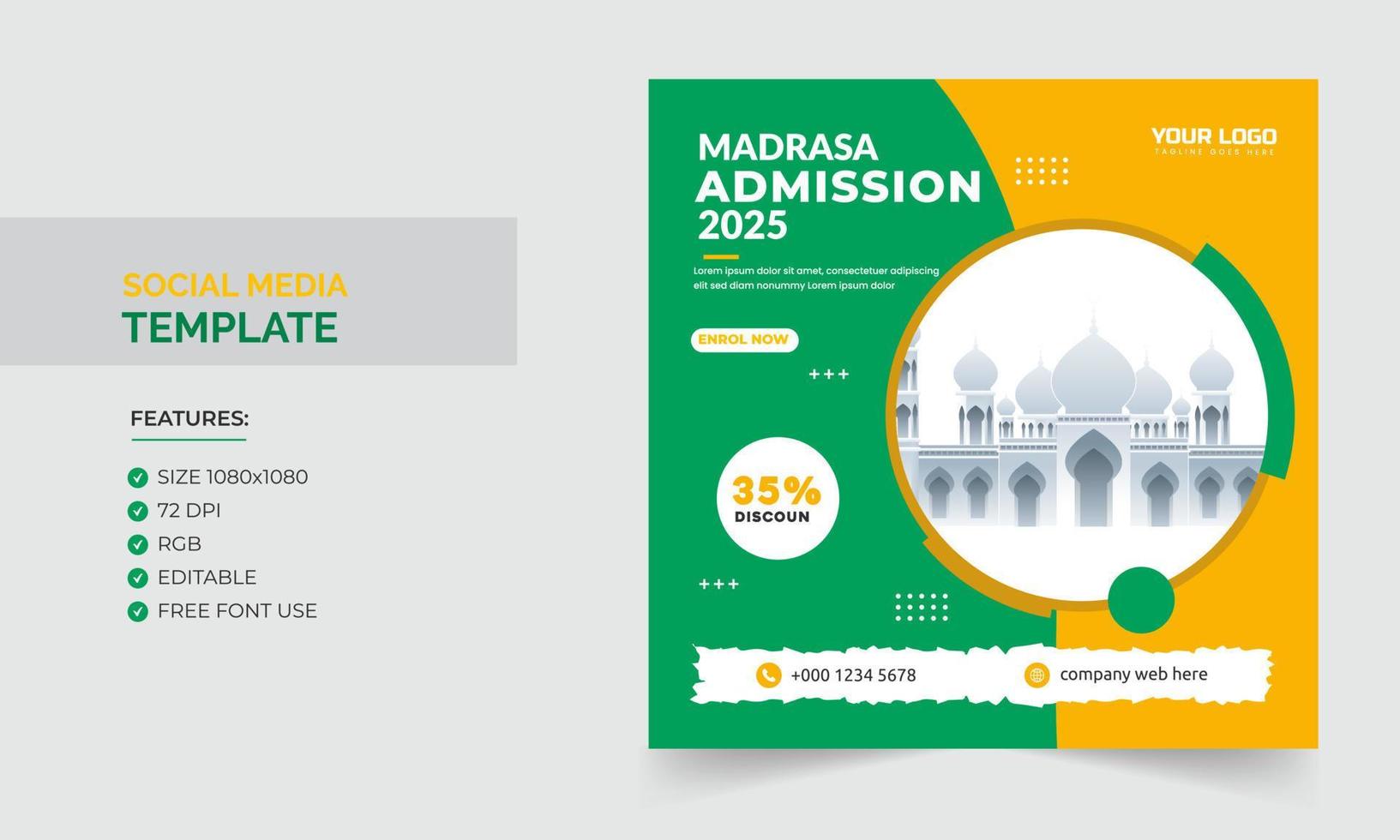 Social media post template design for Madrasa Admission vector