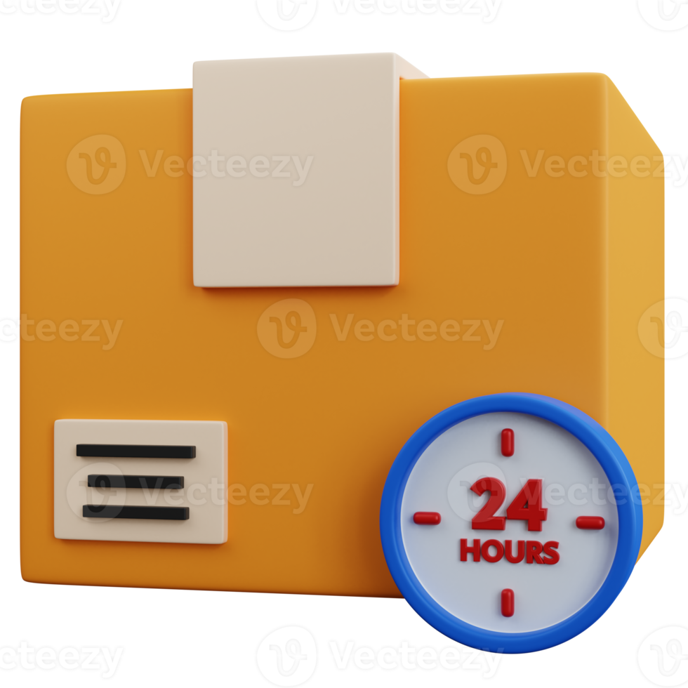 3d rendering yellow cardboard box with 24 hour clock isolated png