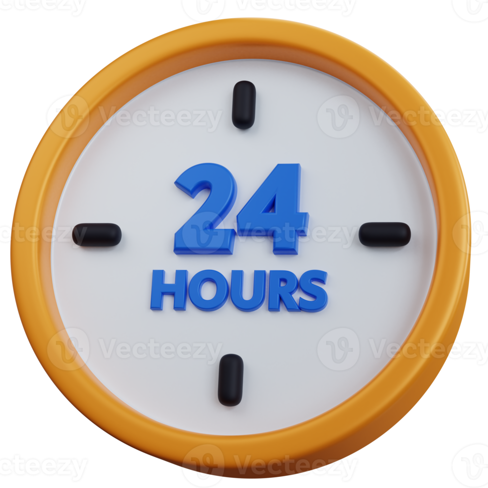 3d rendering yellow clock with 24 hours writing isolated png