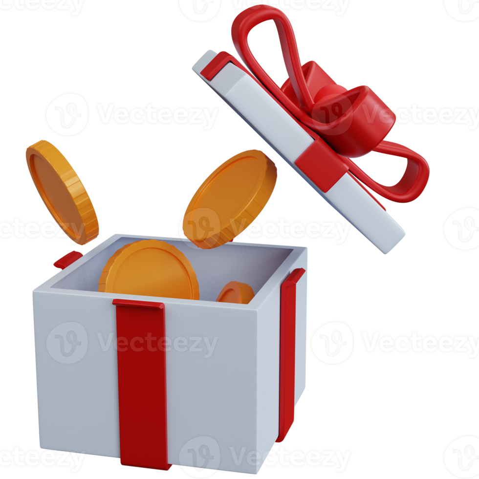 3d rendering open gift box with some coins isolated png