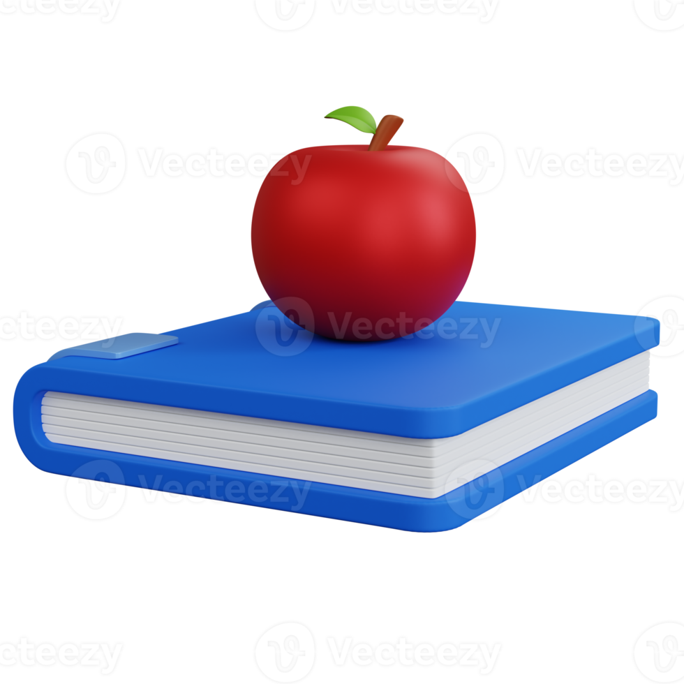 Livre bleu de rendu 3d avec des pommes dessus isolé png