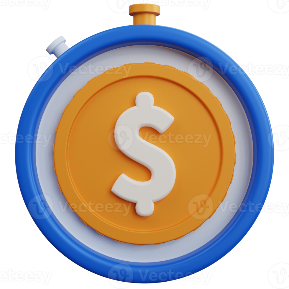 3d rendering blue stopwatch with coin dollar isolated png