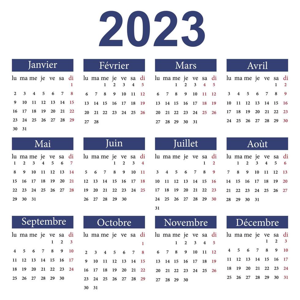 Calendar in French for 2023. The week starts from Monday. Vector illustration