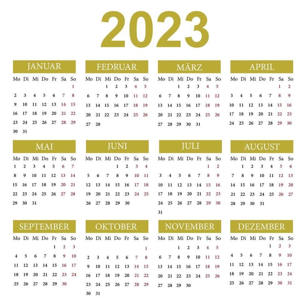 Calendar in German for 2023. The week starts from Monday. Vector illustration