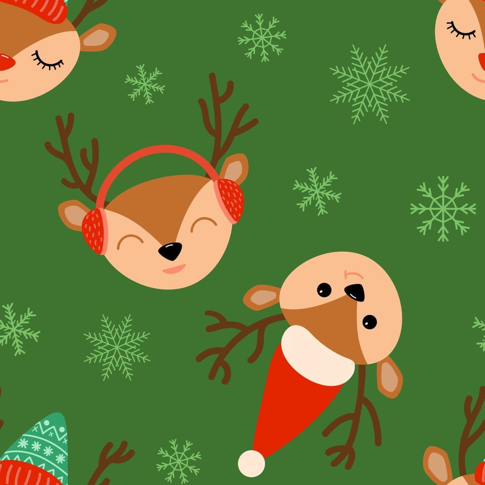 Holiday winter reindeers with snowflakes vector seamless pattern on green background. For fabric, textile, wallpaper.