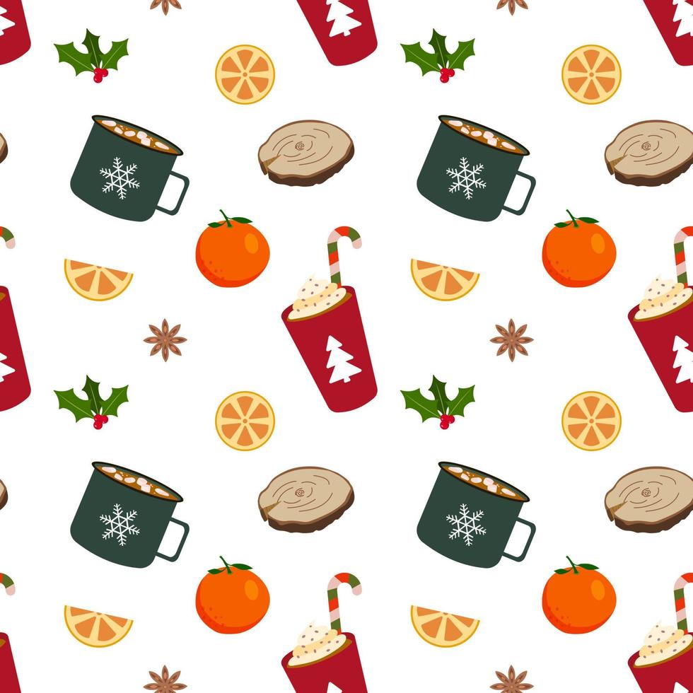 Winter warming drinks. Coffee with cream, cocoa with marshmallow. Vector seamless pattern. Isolated on white background. Wrapping paper, greeting cards, textile design.