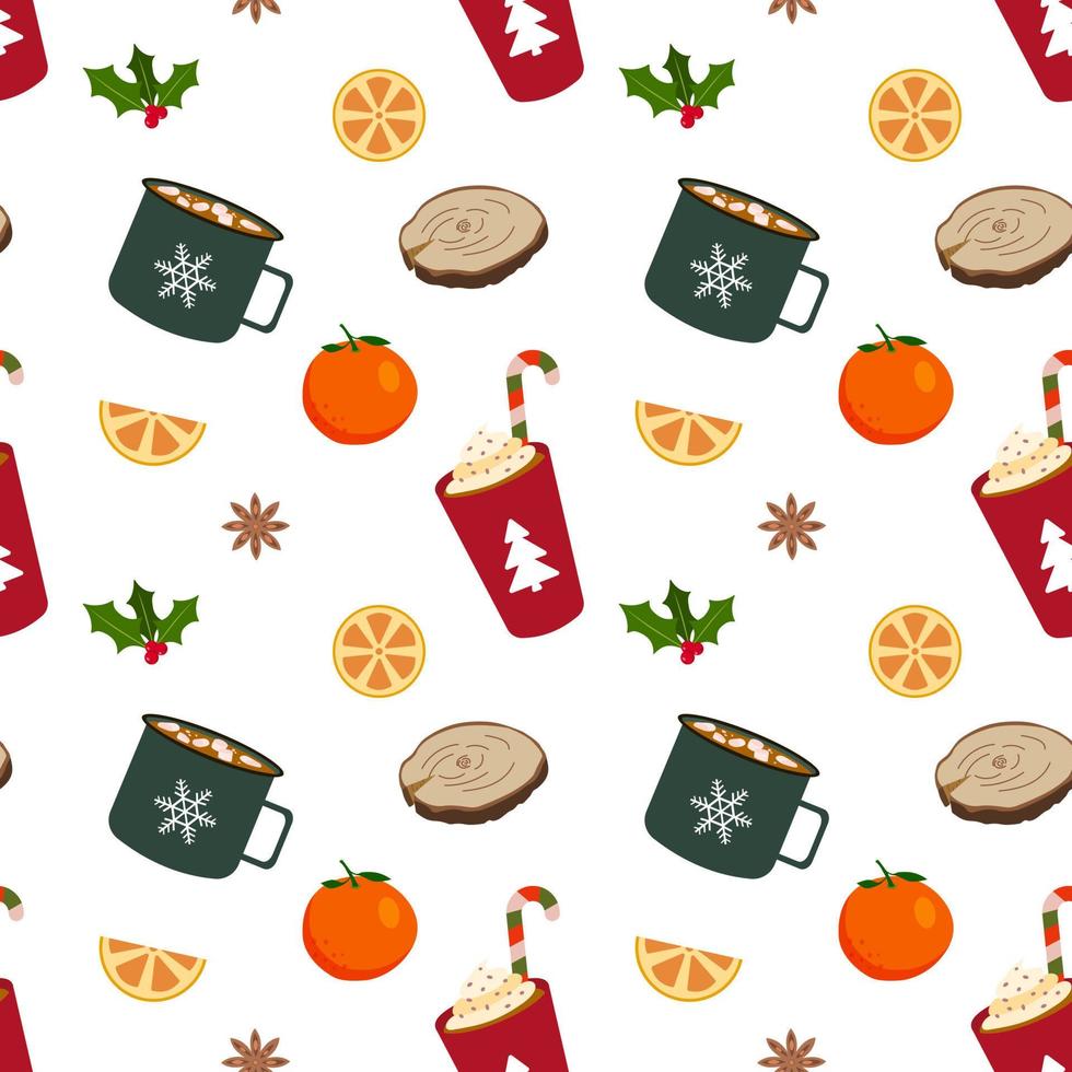 Winter warming drinks. Coffee with cream, cocoa with marshmallow. Vector seamless pattern. Isolated on white background. Wrapping paper, greeting cards, textile design.