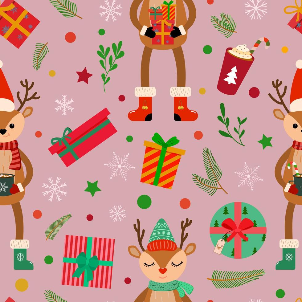 Holiday cartoon deers with presents, hot drinks, spruce and mistletoe branches. snowflakes. Vector seamless pattern on pink background. For wrapping paper, textile, wallpaper.