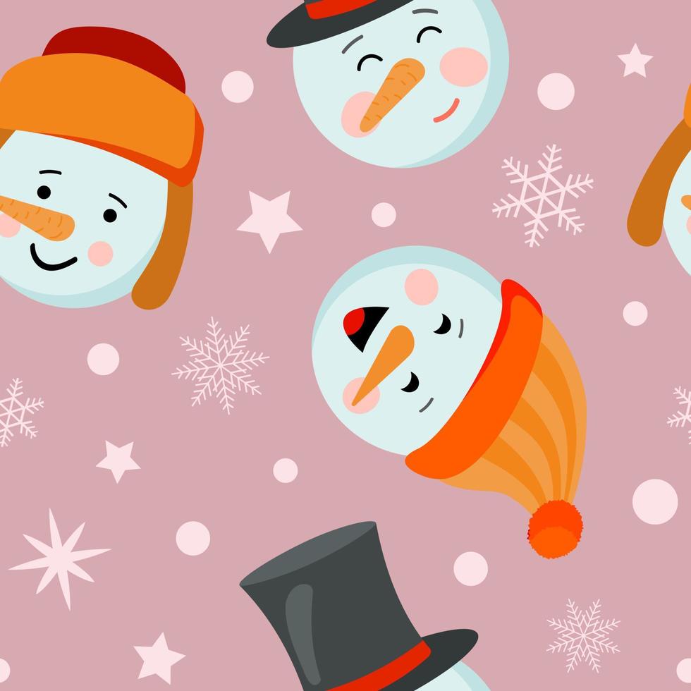 Cartoon snowmen in winter hats. Vector seamless pattern on pink background. Winter holiday design for wallpaper, fabics, wrapping paper.