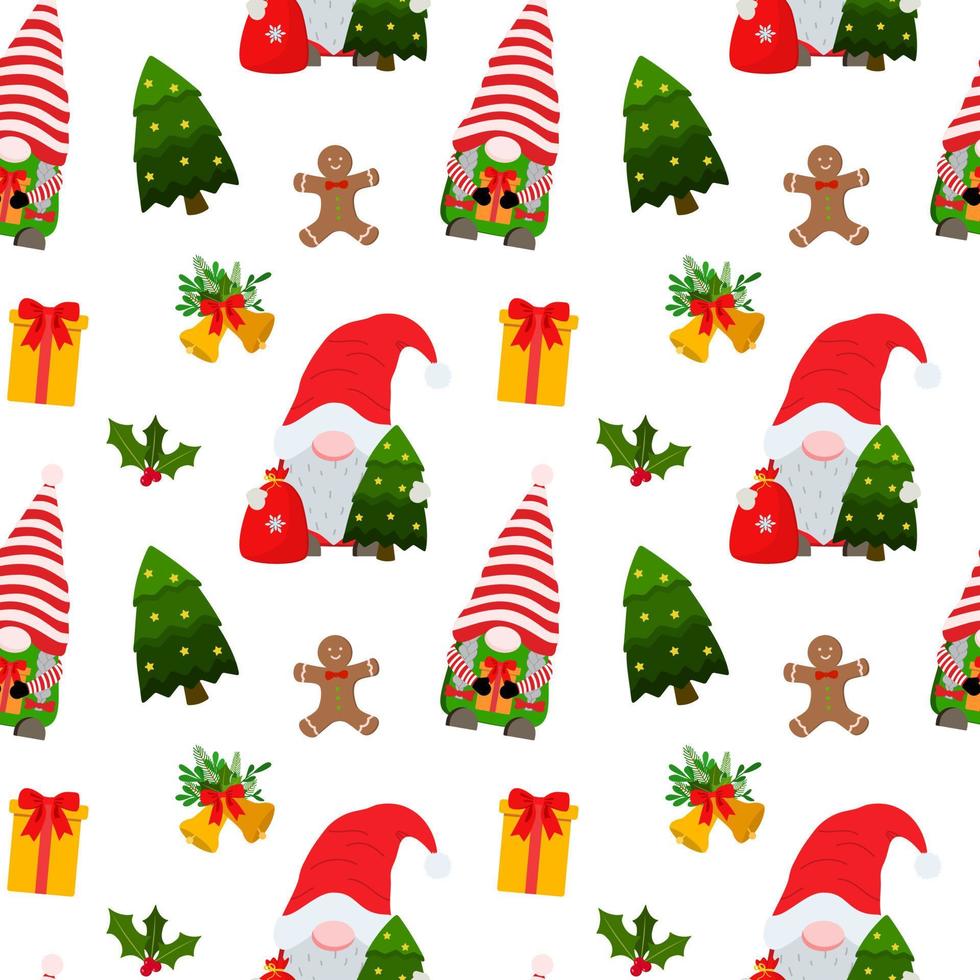Cartoon Christmas gnomes with trees and other elemetns seamless pattern vector