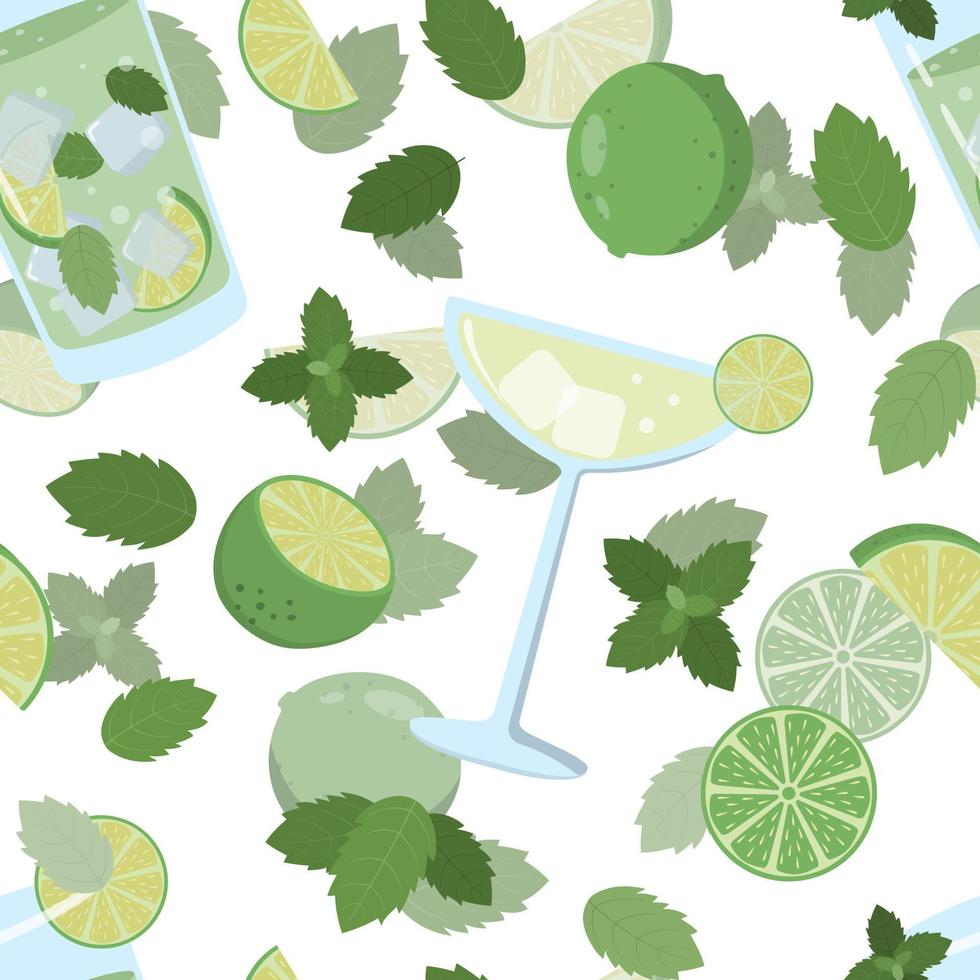 dibujos animados de cócteles de mojito de verano con hojas de menta y lima. dibujos animados de patrones sin fisuras de verano. Aislado en un fondo blanco. diseño para papel, papel pintado, textil y embalaje. vector