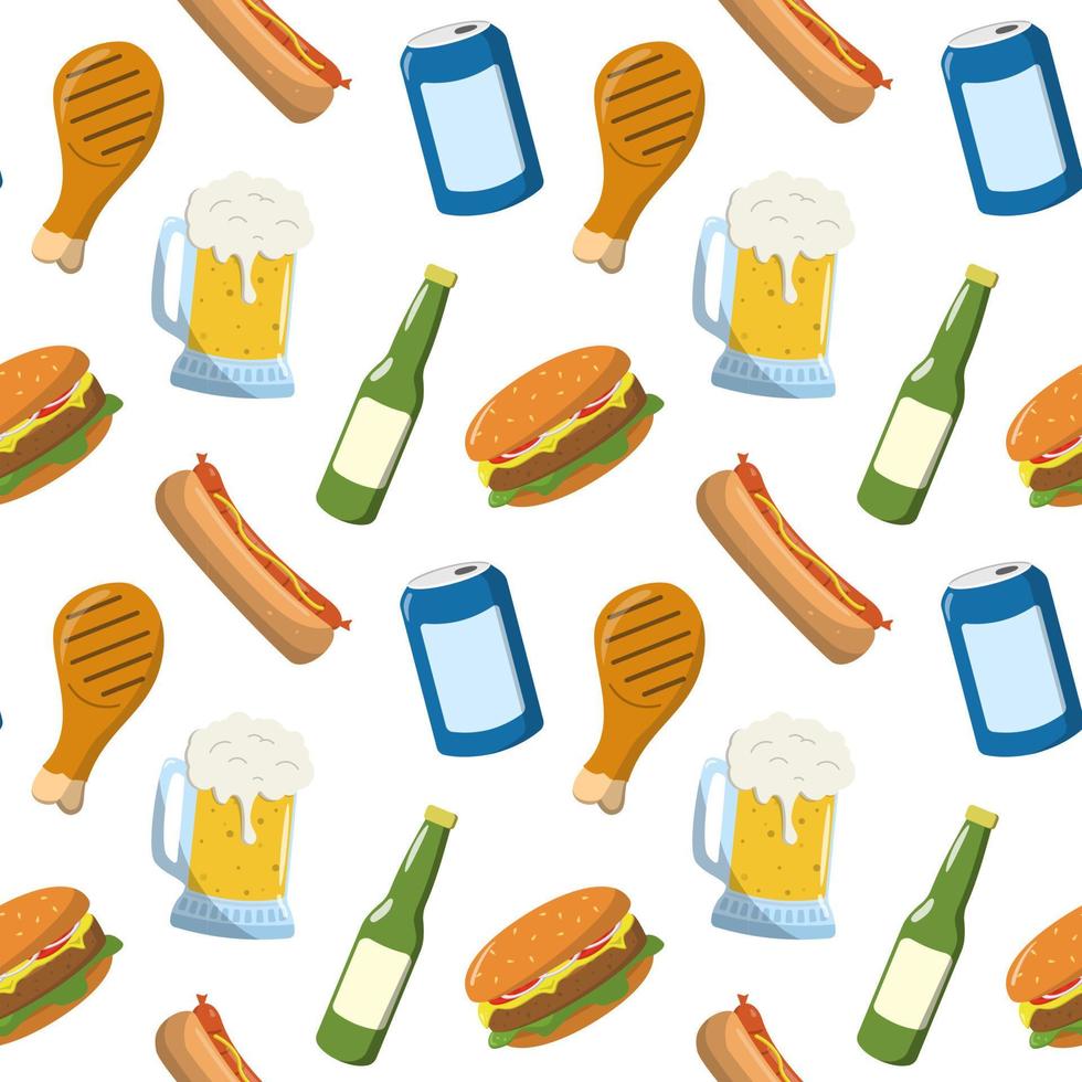 Cartoon barbecue party seamless pattern with cold drinks and hot roasted food. Isolated on white background. Burger, hot dog, and grilled chicken leg in flat cartoon style. vector