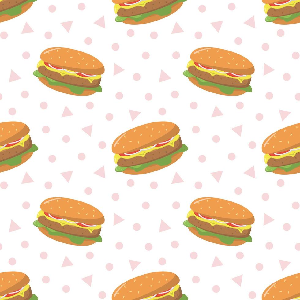Cartoon tasty fast food hamburgers vector seamless pattern. Isolated on white background. Tasty big juicy burgers with tomato, salad and cheese.