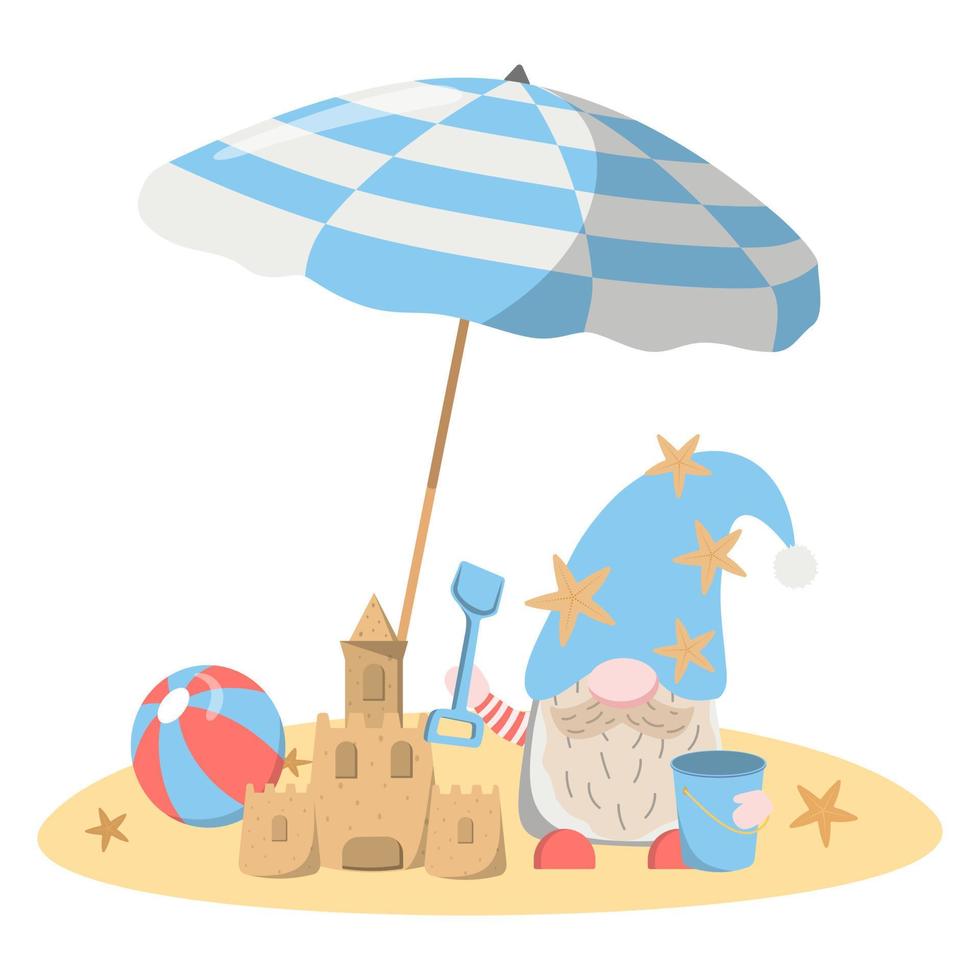 ilustración de gnomo de vacaciones en la playa con pala, balde, castillo de arena, pelota, sombrilla. aislado sobre fondo blanco. plantilla para pancarta, afiche, tarjeta de felicitación, etc. vector