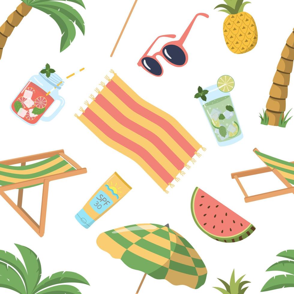 Seamless summer beach elements pattern. Hand drawn vector background of palm trees, sun bed, umbrella, drinks, fruits. Design for wallpaper, wrapping paper, textile printing.