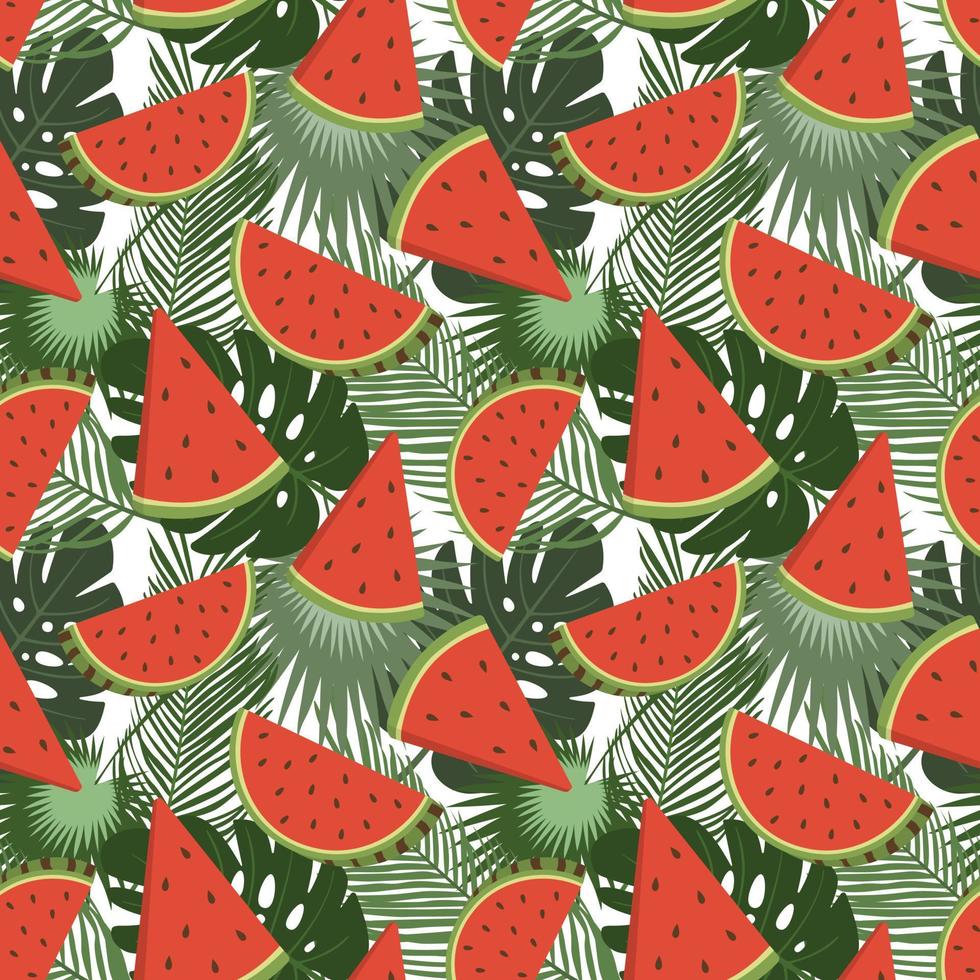 Watermelon slices with green tropical leaves vector seamless background. Fruit summer seamless pattern. Design for wrapping paper and wallpaper.