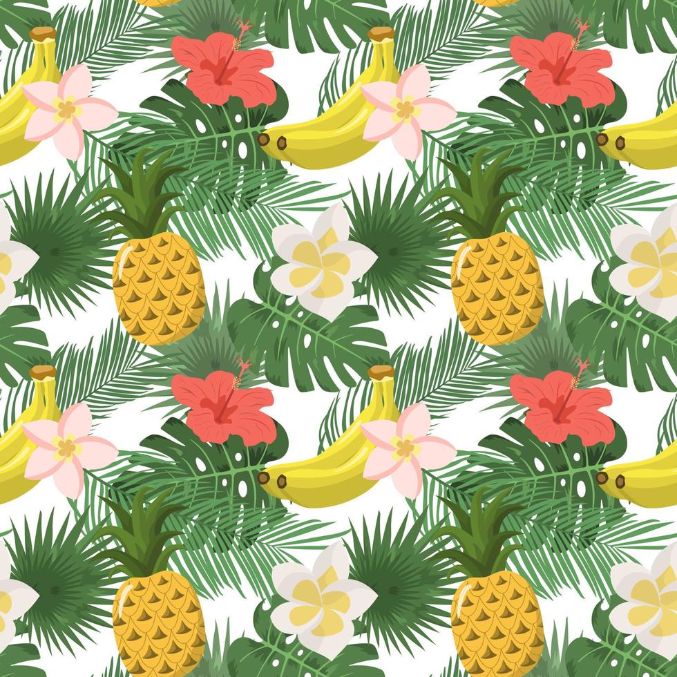 Summer green tropical palm, monstera leaves, pineapples, bananas and exotic flowers seamless pattern. Isolated on white background. vector