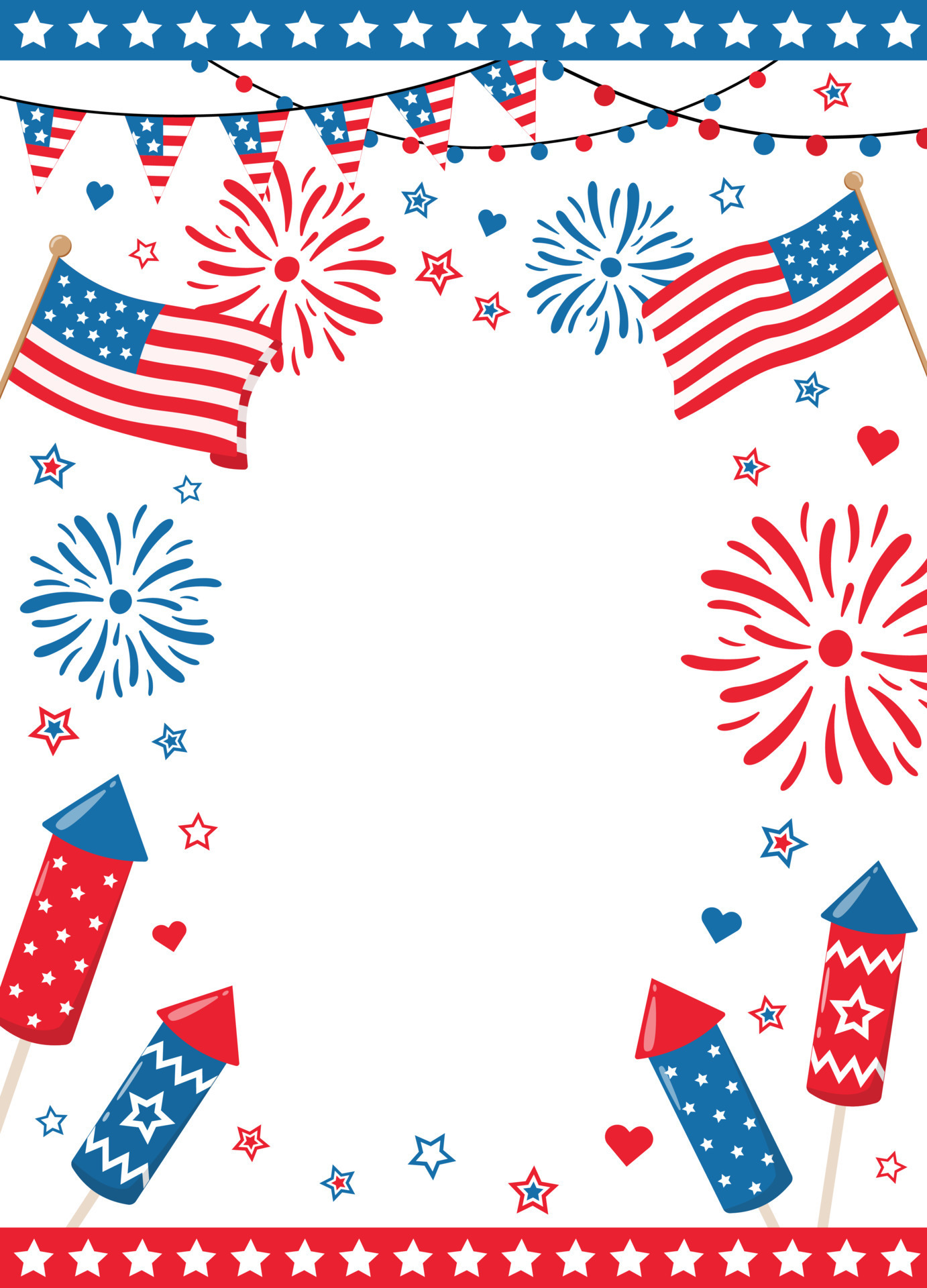 4th of July patriotic border frame with US national colors fireworks, flags  and sparks, isolated on white background. Design for American Independence  Day party invitations or posters. 10835188 Vector Art at Vecteezy