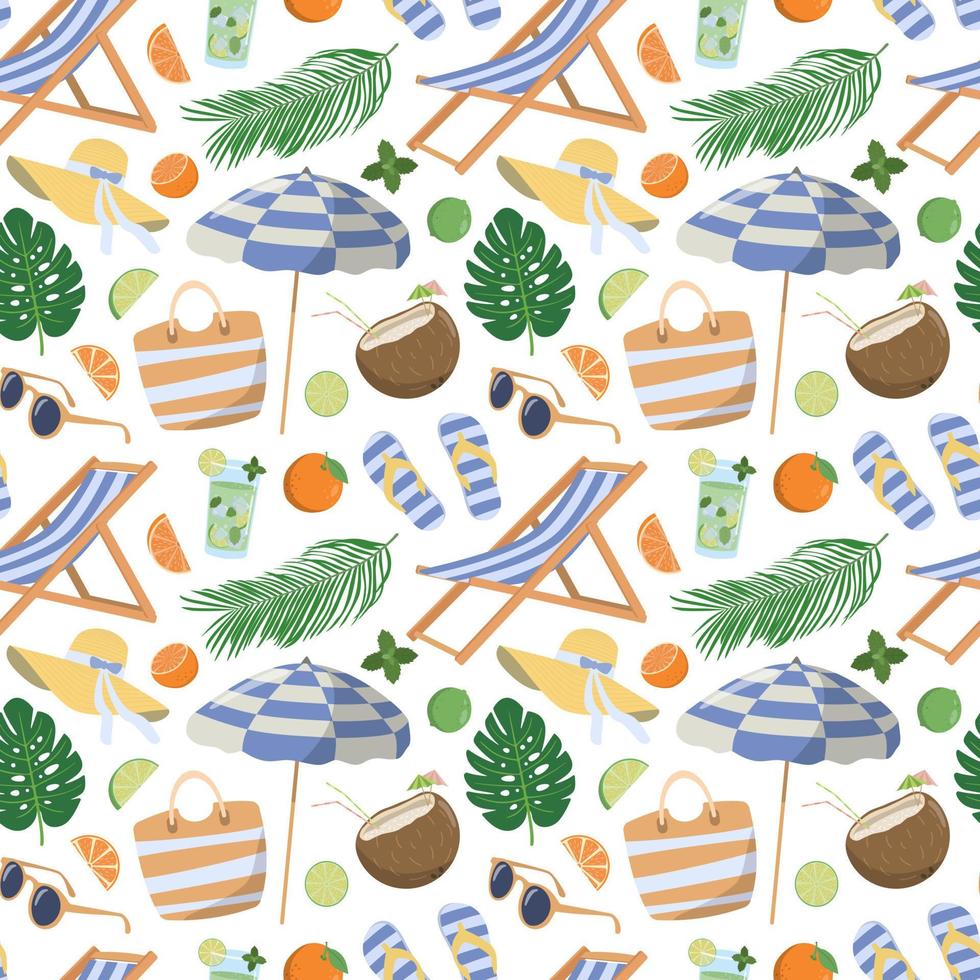 Cartoon tropical summer beach elements seamless pattern. Topical leaves, sling chair, parasol, drinks, fruits. Great for wallpaper, textile, print. Isolated on white background. vector