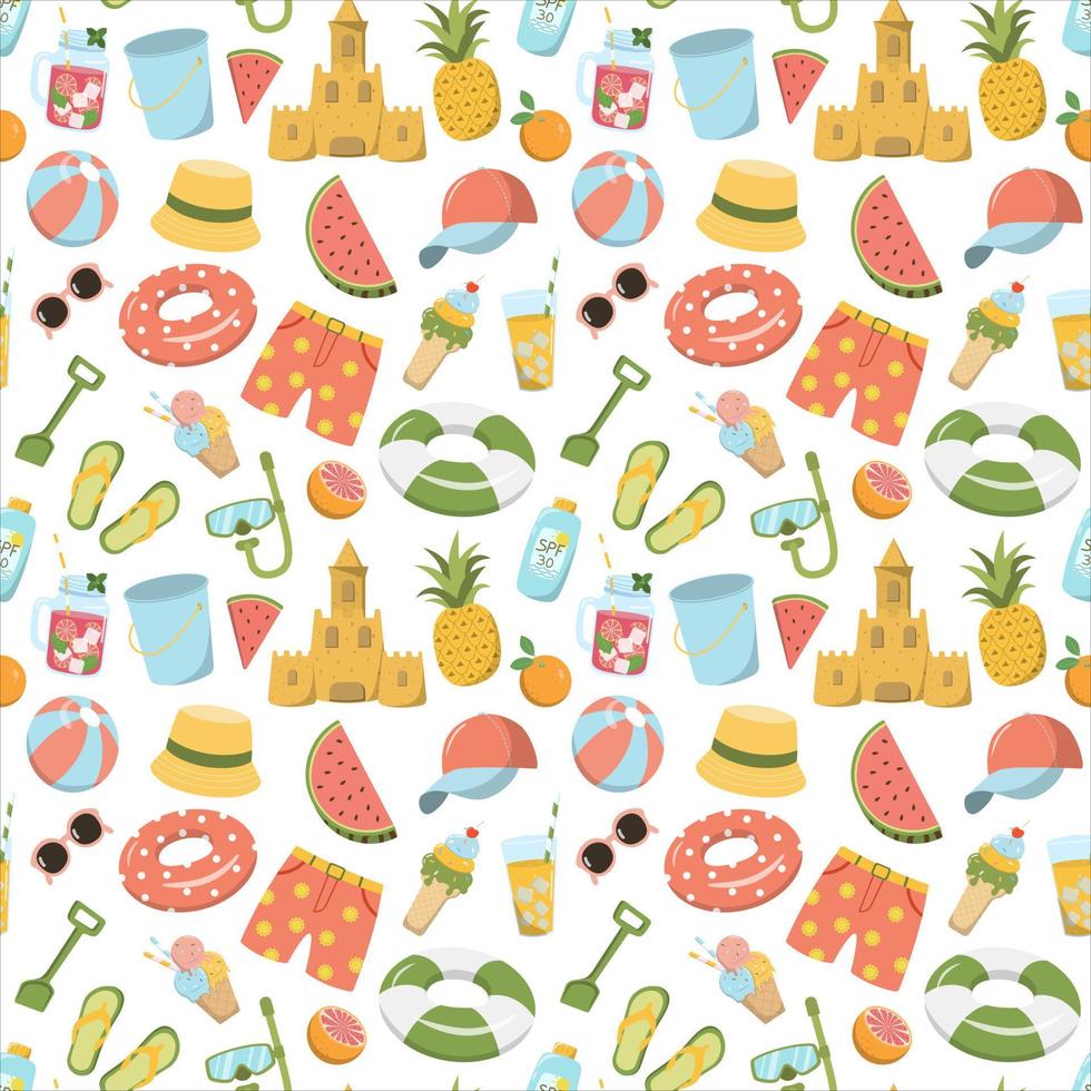 Cartoon summer beach and sea holiday elements seamless pattern. Summer shorts, hat, cold drinks, fruits. Great for wallpaper, print. Isolated on white background. vector