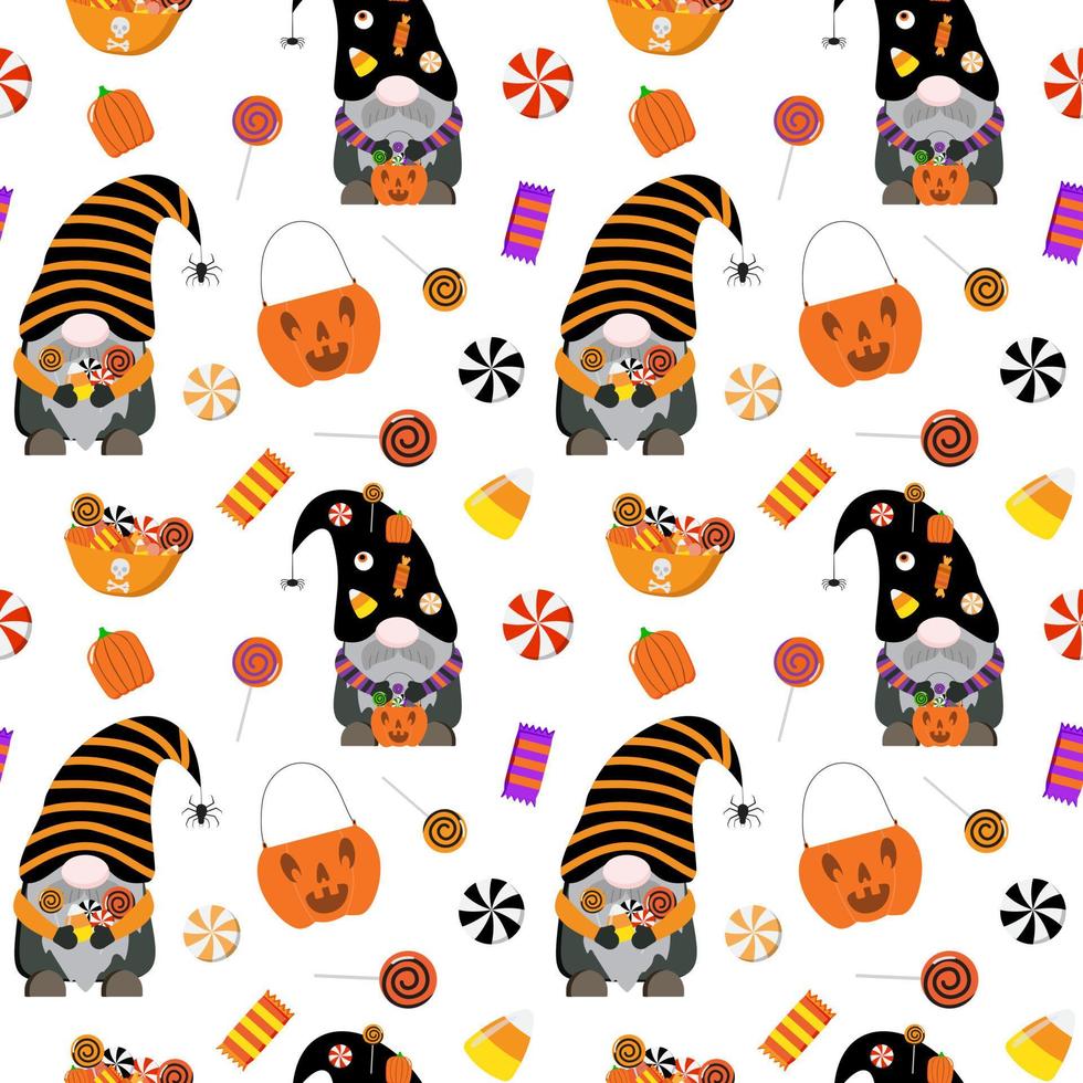 Vector cute Halloween gnomes, sweets, pumpkin bucket, bowl seamless pattern. Isolated on white background.