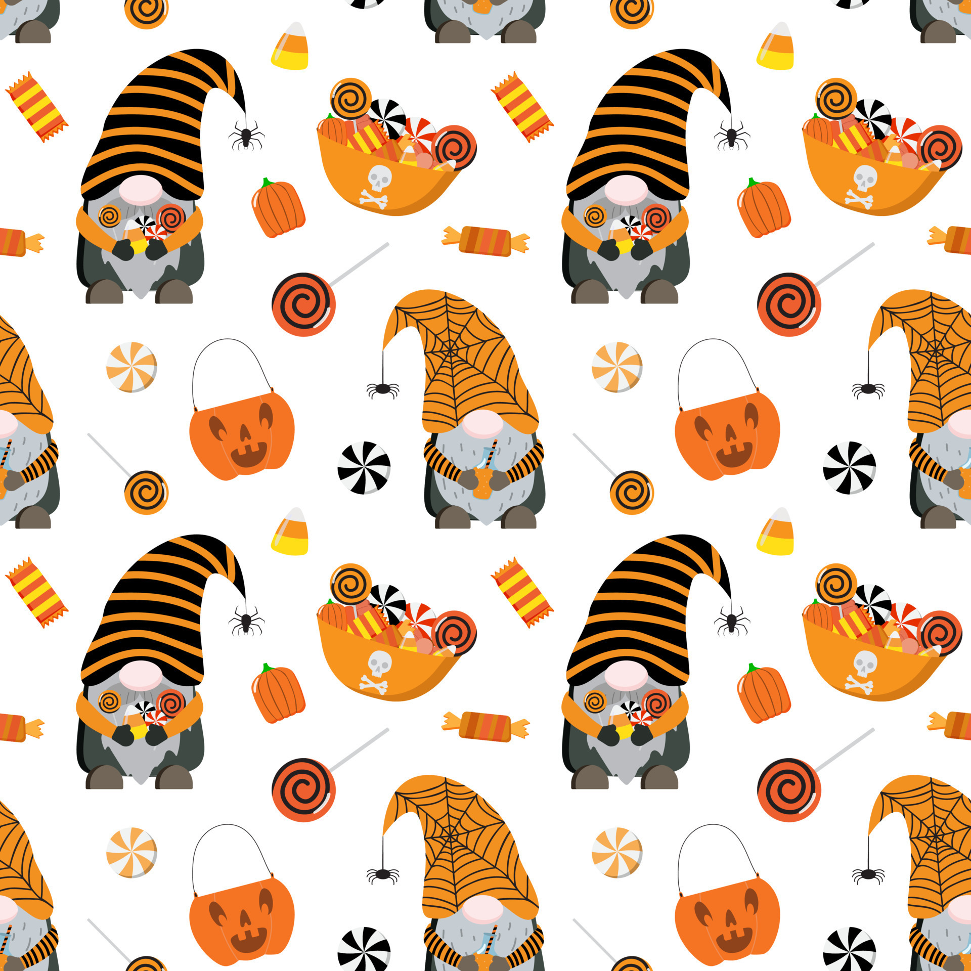 Vector cute Halloween gnomes, candies seamless pattern. Isolated on ...