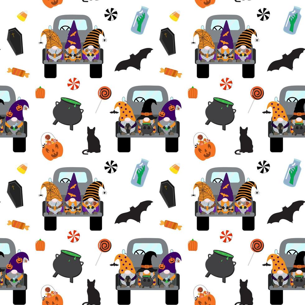 Vector cartoon Halloween seamless pattern with gnomes on black truck, sweets, witch cauldron, coffin, bat, cat. Isolated on white background.