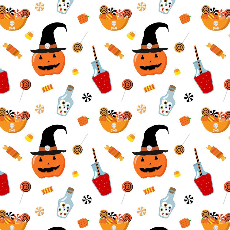 Cartoon Halloween vector seamless pattern with pumpkin in witch hat, bowl, candies, bottle with eyes. Isolated on white background. Fabric, gift wrap, invitations, scrap booking, digital paper.