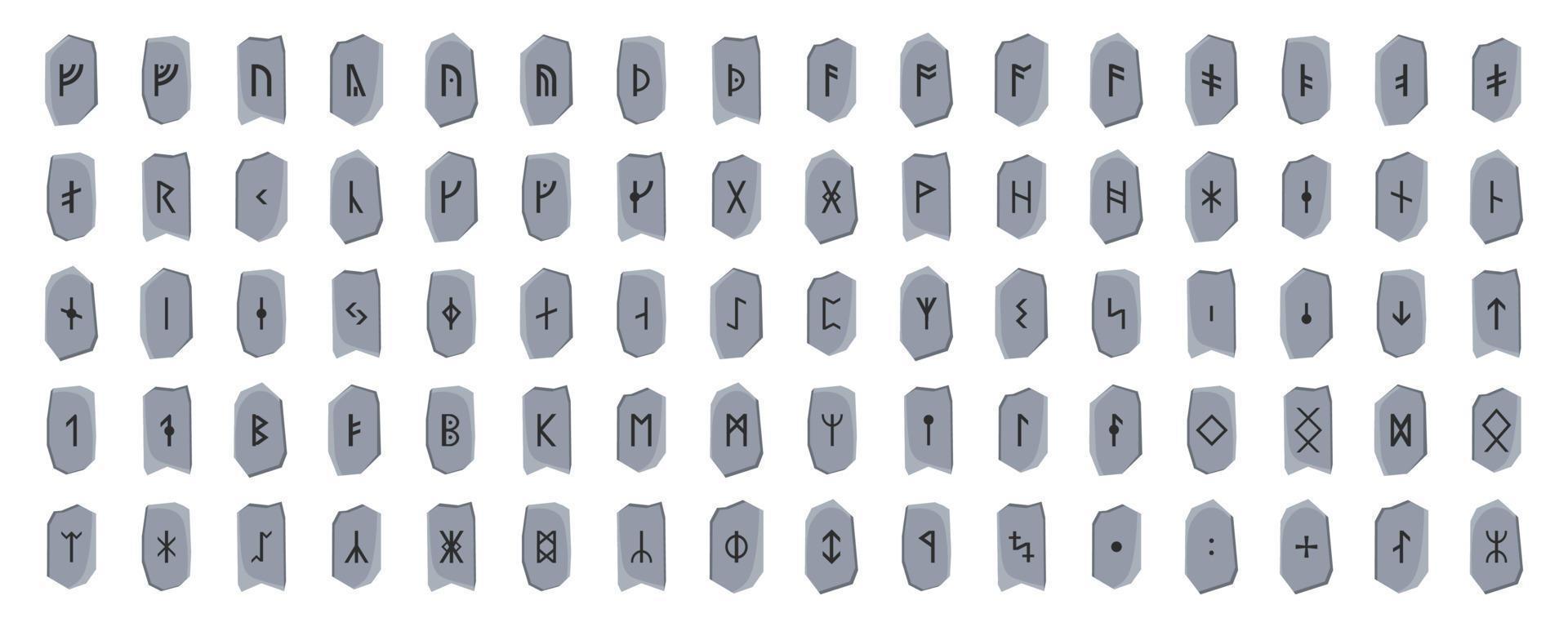 Runes on stones. A collection of runic letters on stones that were used in Germanic languages. Ancient magical signs of northern culture. Vector illustration.