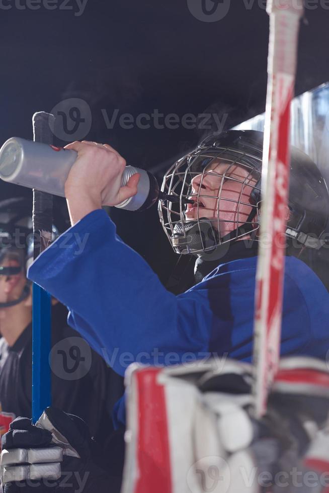 jugadores de hockey sobre hielo en el banco foto