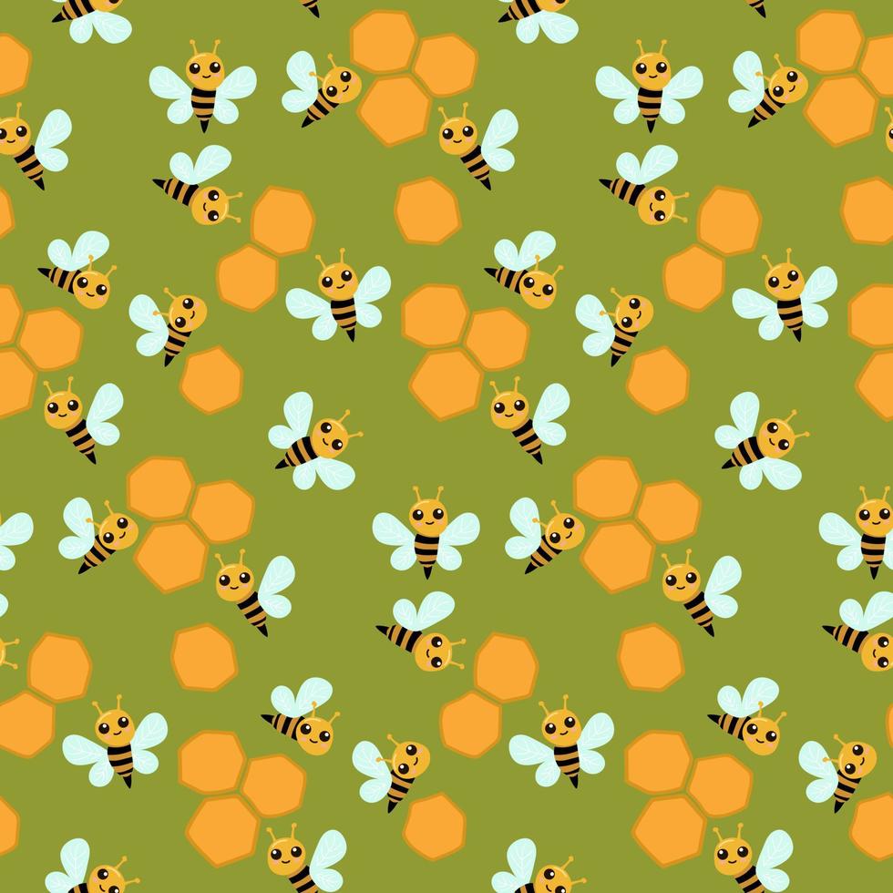 A small bee with hundredths on a green background. Beautiful seamless pattern with honey bees. Beautiful vector children's illustration. Ideal for children's fabric, textiles, packaging.