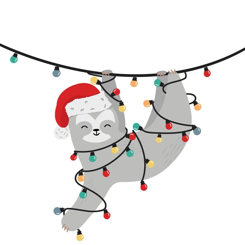 sloth wear hat christmas climbing with light bulb vector