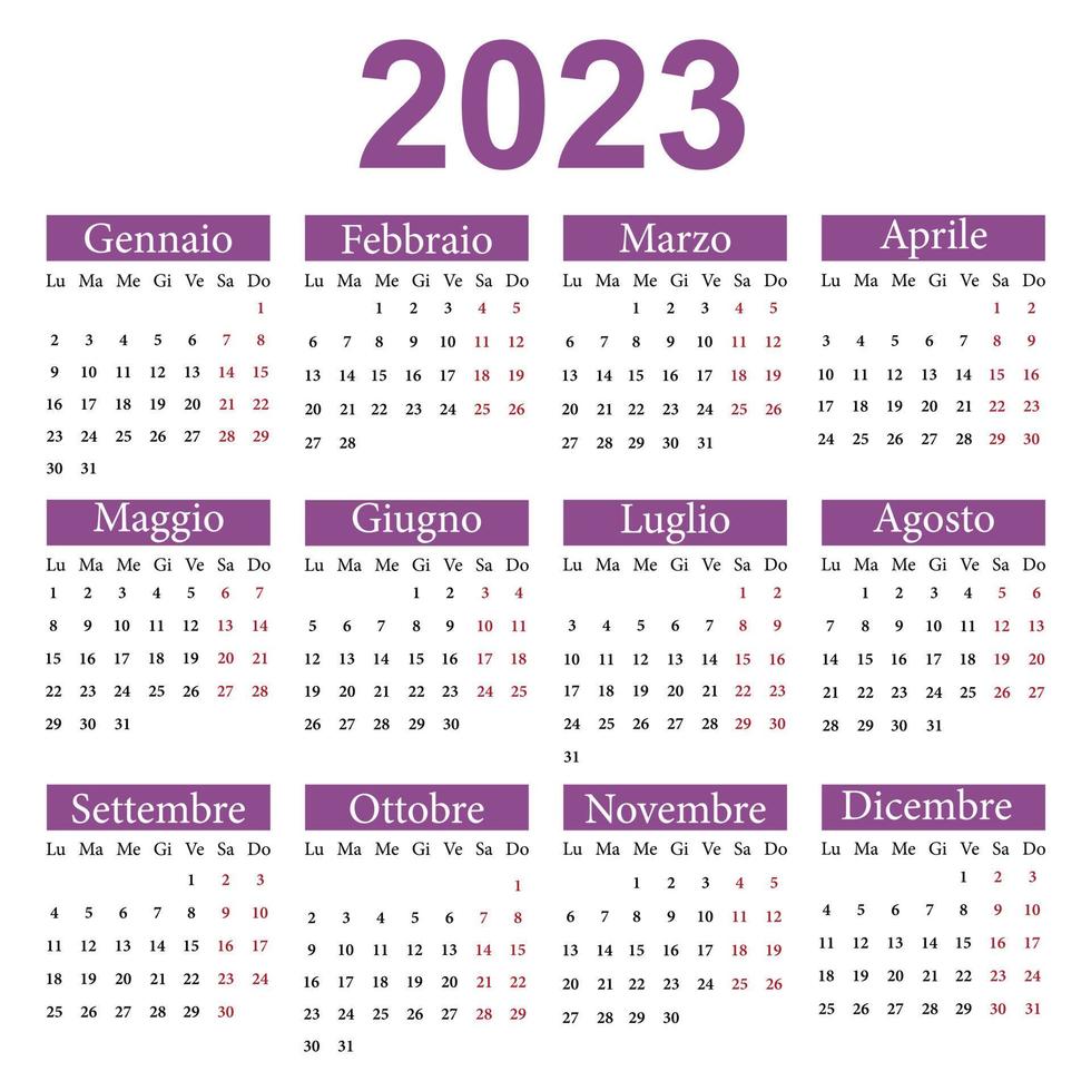 Calendar in Italian for 2023. The week starts from Monday. Vector illustration