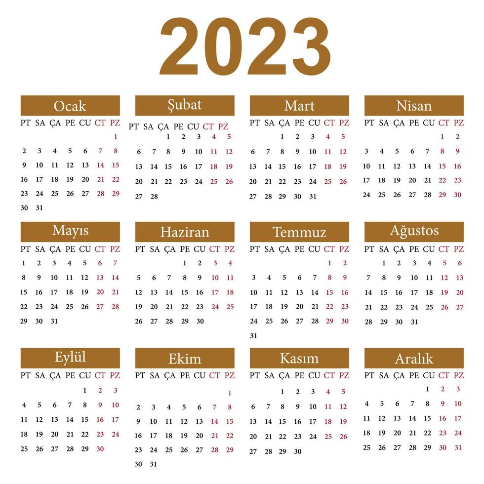 Calendar in Turkish for 2023. The week starts from Monday. Vector illustration