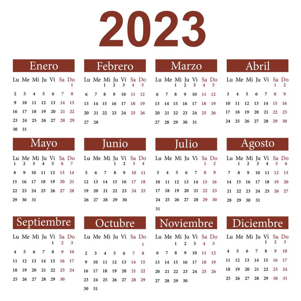 Spanish calendar 2023. Week starts on Monday. Vector illustration