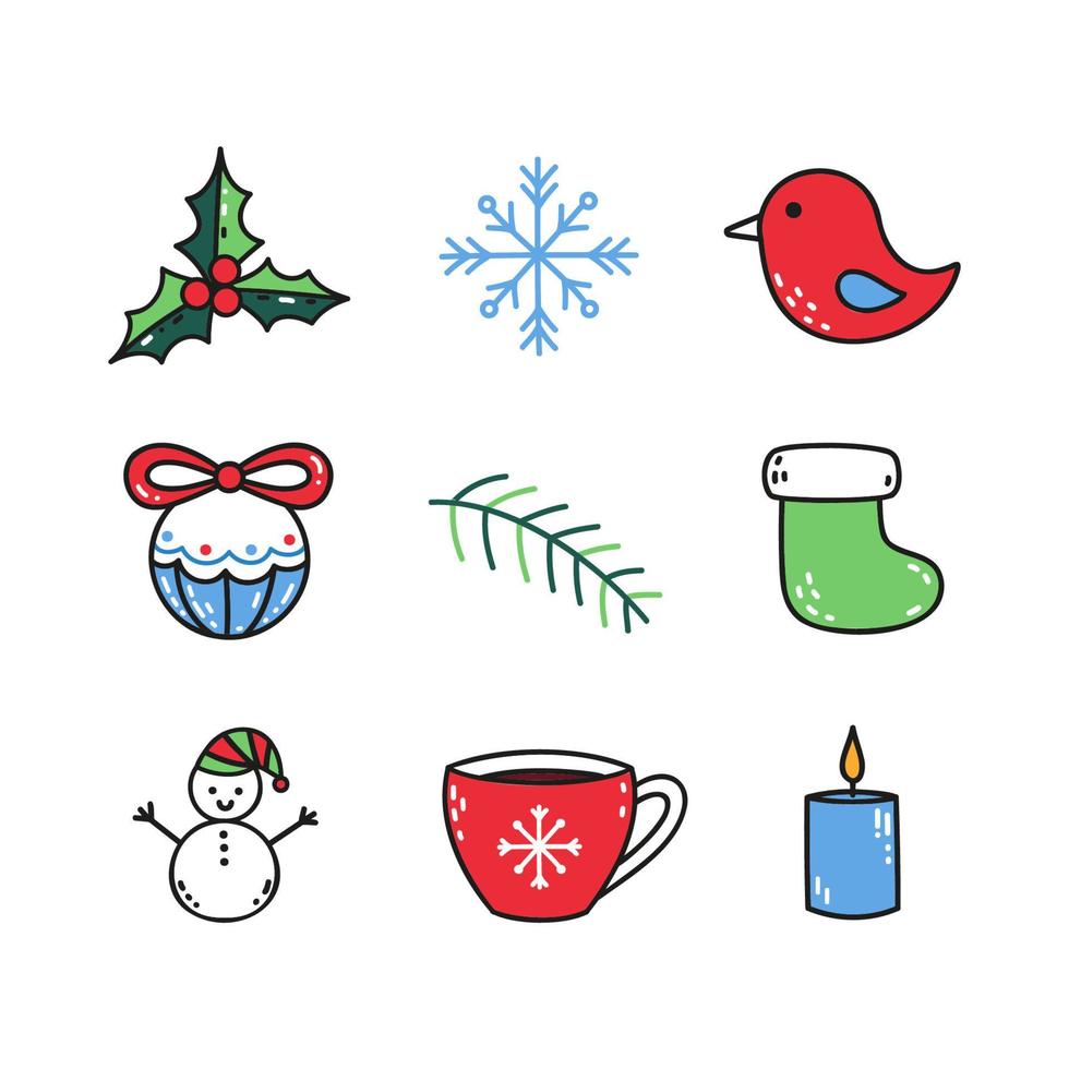 Cute Christmas elements set hand-drawn in doodle style vector