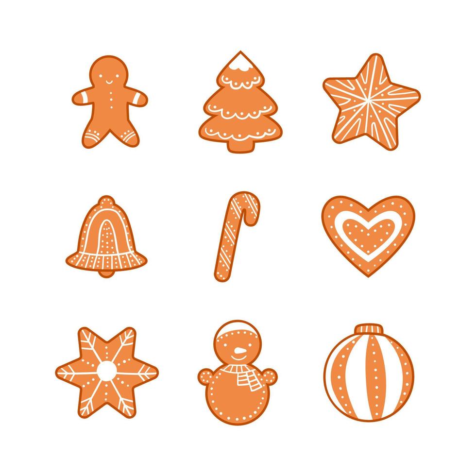 Set of traditional Christmas gingerbread cookies hand drawn in cartoon style vector