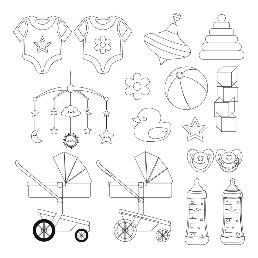 conjunto de elementos para niños. cochecito, chupete, biberón, deslizadores, cubos, pirámide. ilustración vectorial vector